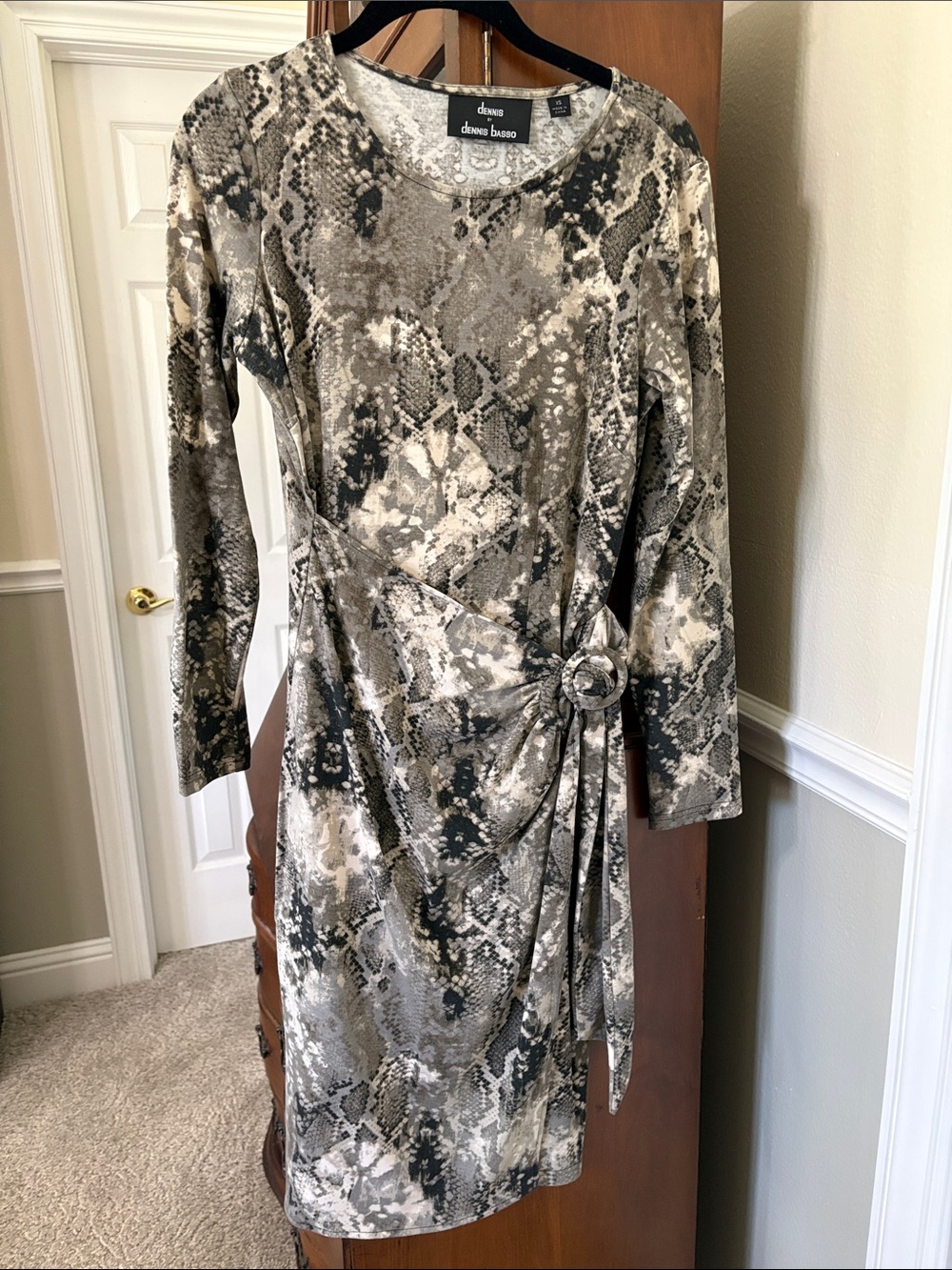 Dennis Basso Neutral Snakeskin-Print Wrap Long-Sleeve Dress BOHO Events